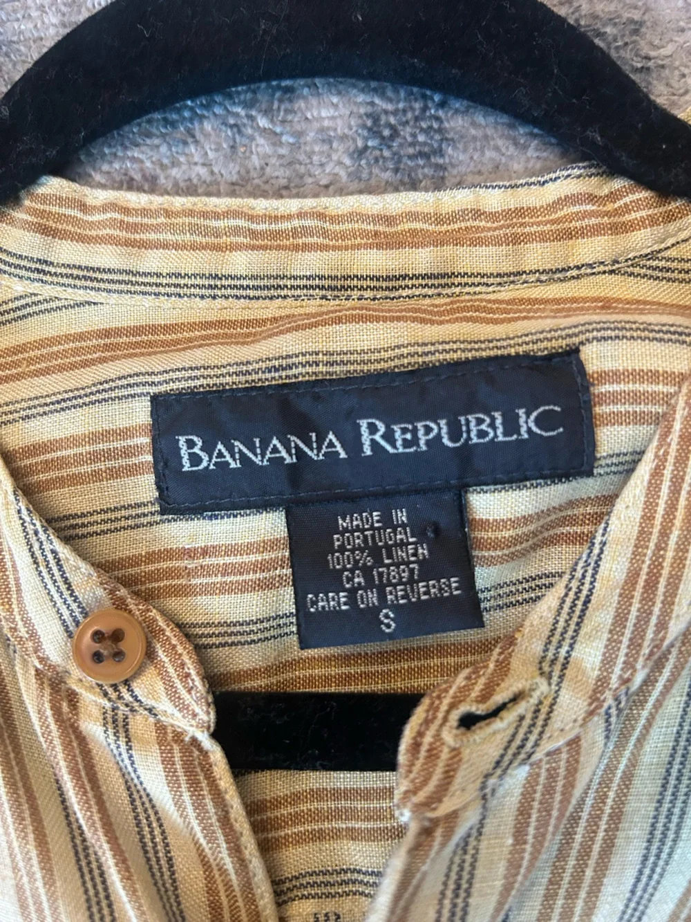 Banana Republic Men’s Striped Linen Shirt in Tan, Beige Navy Portugal Vintage S